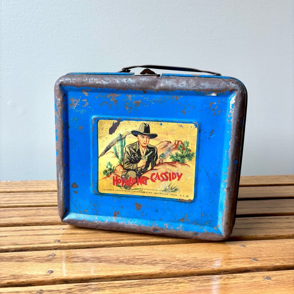 Vintage Blue Hopalong Cassidy metal Lunchbox with thermos 1950